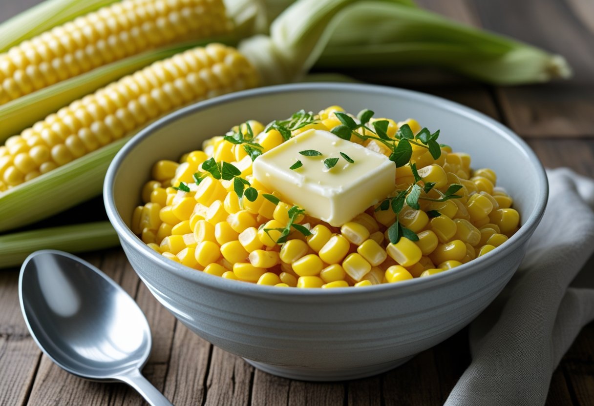 Bowl of sweet homemade canned corn served with butter and herbs.