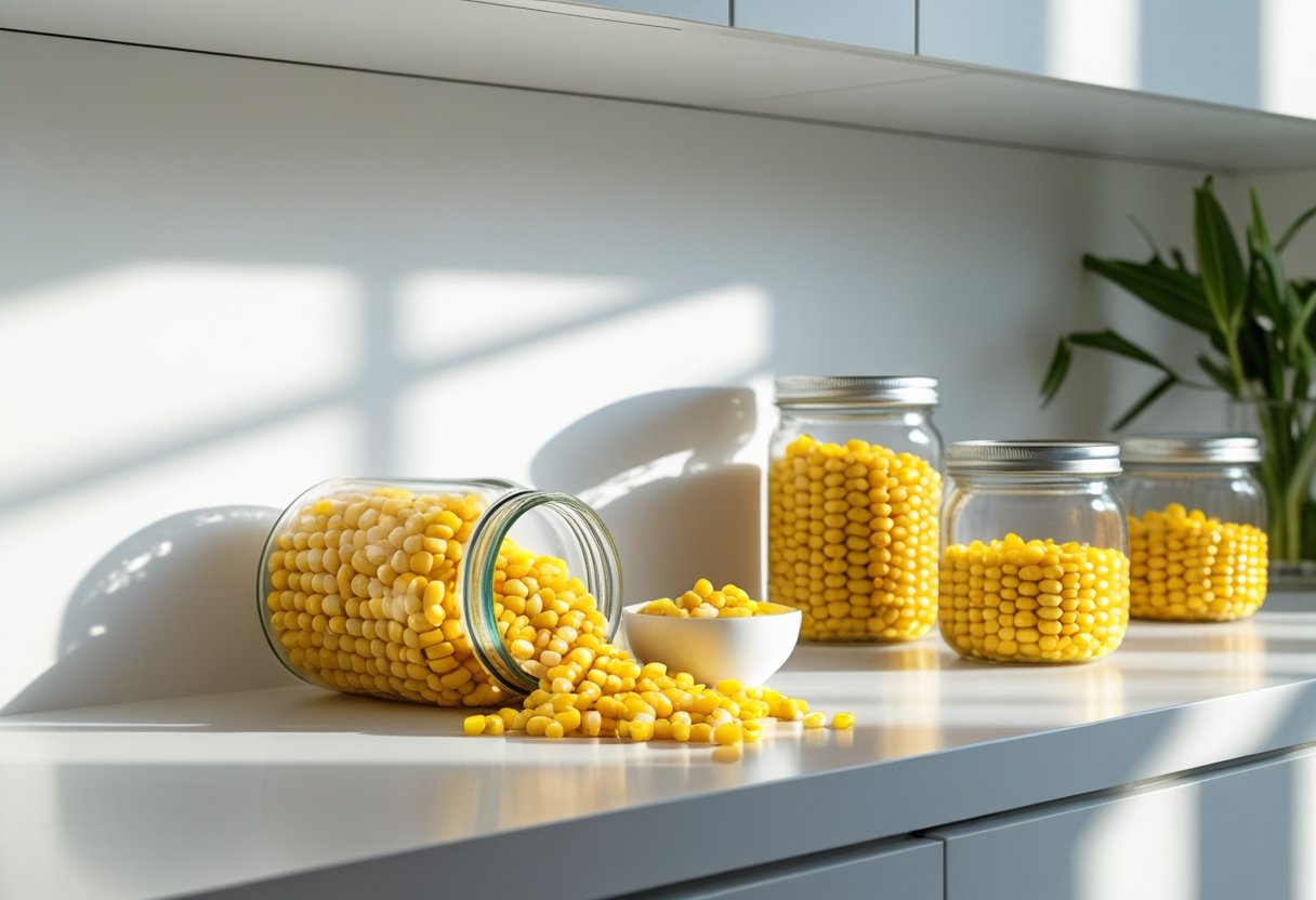 Modern minimalist kitchen with neatly arranged homemade canned corn jars.