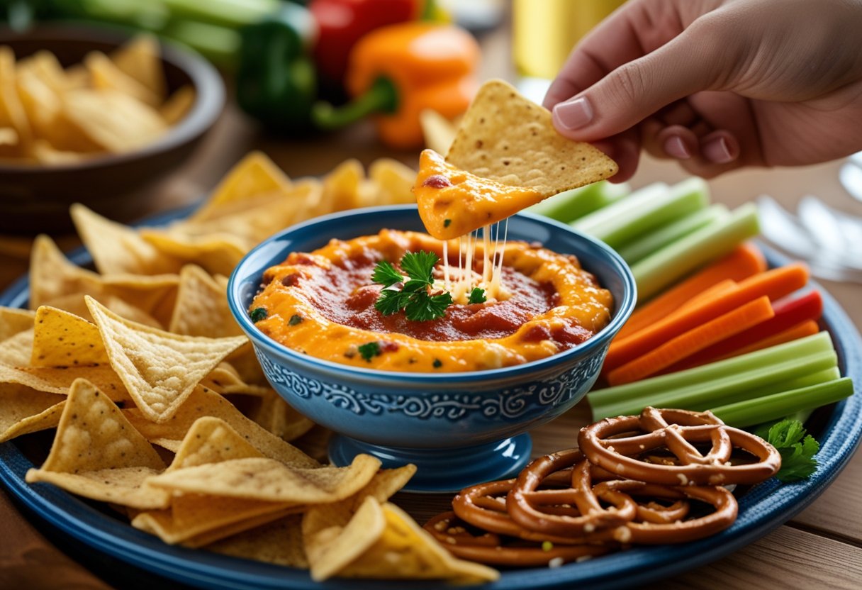 Creamy Rotel dip with tortilla chips on a party platter — perfect for game day or gatherings.