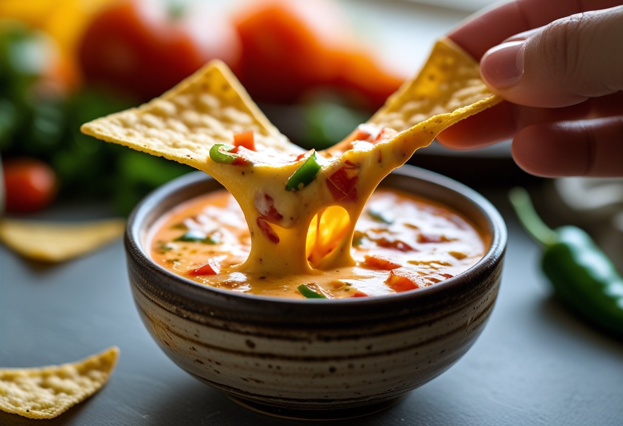 Gooey cheese pull from a bowl of Ultimate Homemade Rotel Dip with a tortilla chip