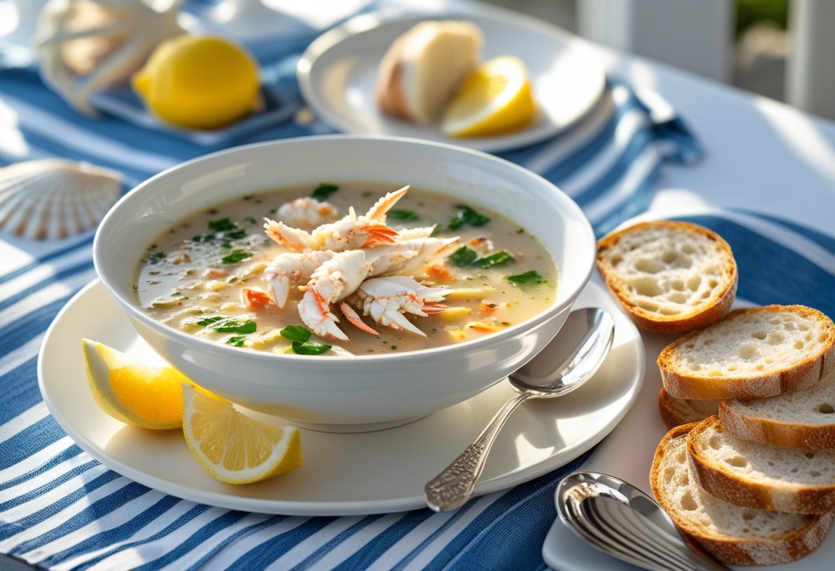 Maryland Crab Soup served in a white bowl with bread and lemon on the side, ready to eat.