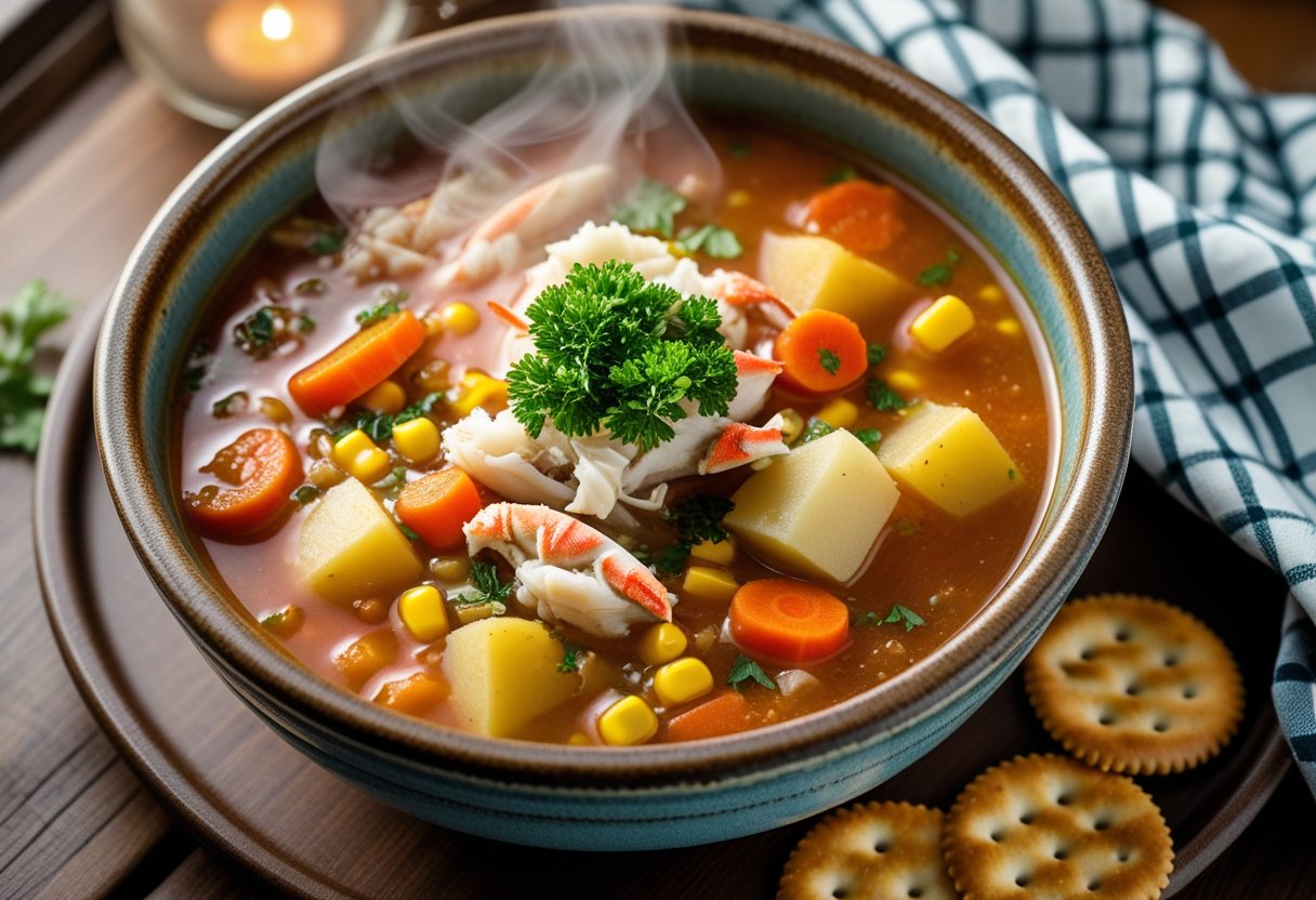 Classic Maryland Crab Soup in a rustic bowl with vegetables and crab meat, served warm with crackers.