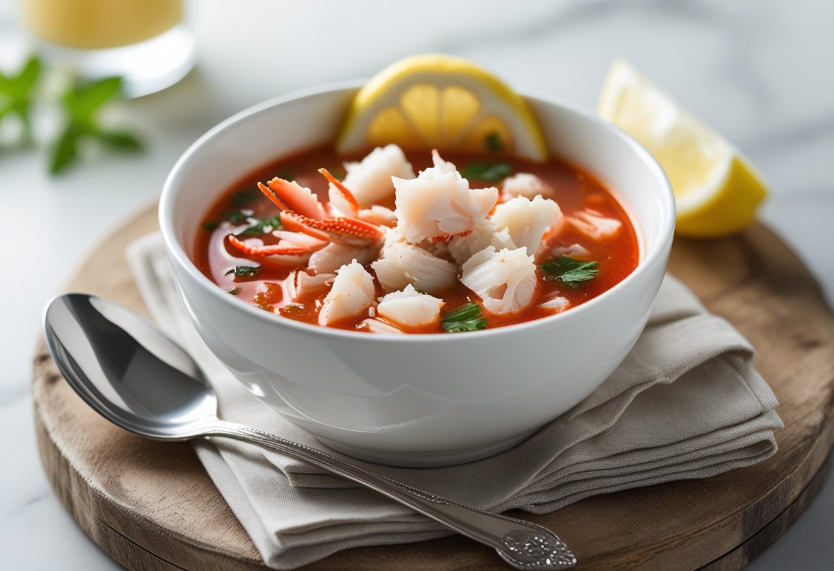 Elegant bowl of Maryland Crab Soup served with lemon and spoon on a wooden board.