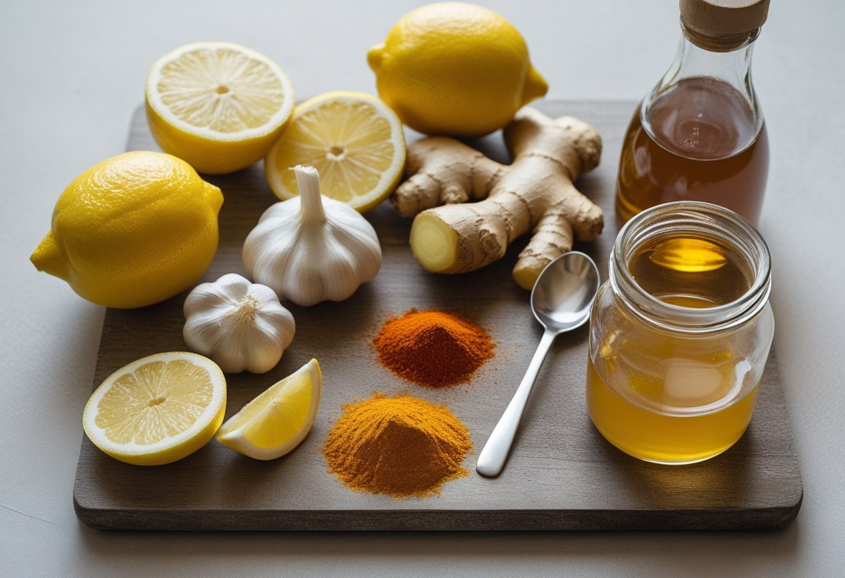 Top-down view of flu bomb ingredients including lemon, garlic, ginger, cayenne, honey, and apple cider vinegar on a wooden board.