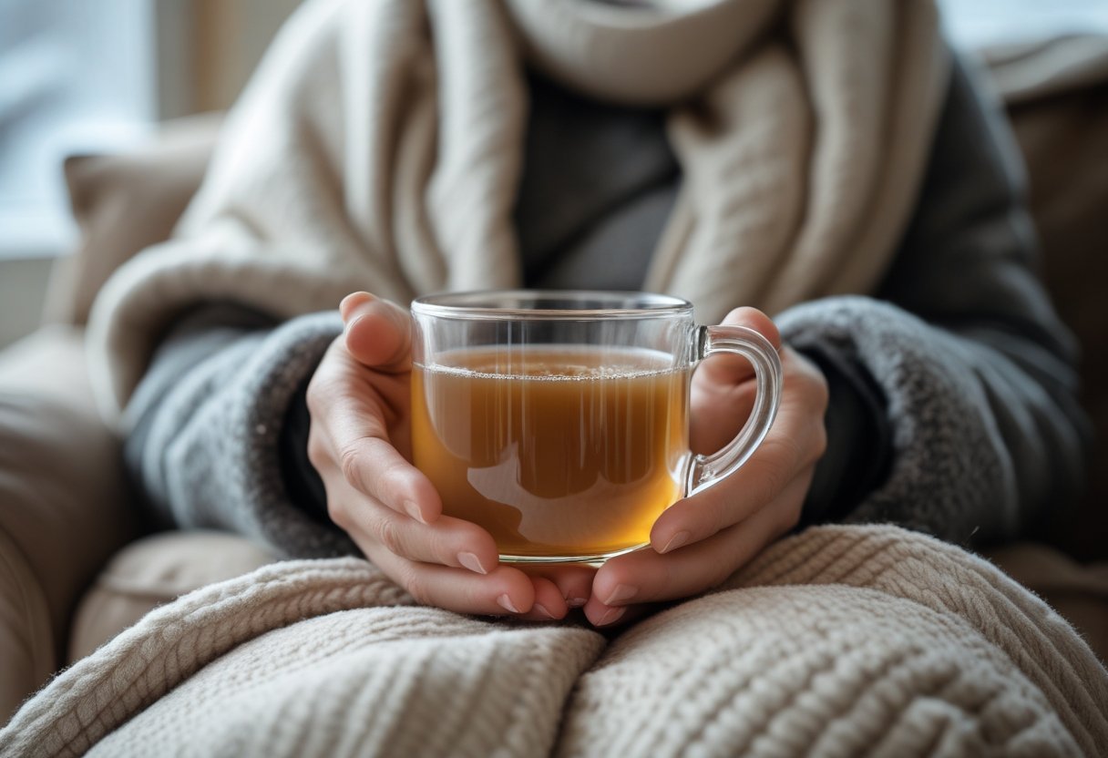 Person holding a homemade flu bomb drink in a cozy setting, boosting immunity naturally at home.