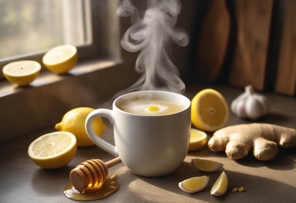 Rustic hero shot of homemade flu bomb drink with lemon, garlic, honey, and ginger in a cozy kitchen setting