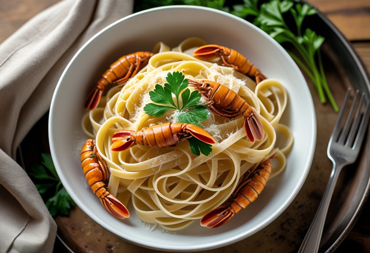 Creamy crawfish fettuccine pasta in a white bowl topped with fresh parsley and Parmesan cheese on a rustic table.