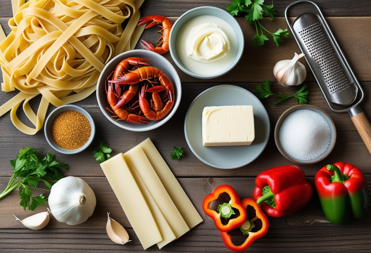 Top view of fresh ingredients for crawfish fettuccine including pasta, crawfish, cream, cheese, and spices.