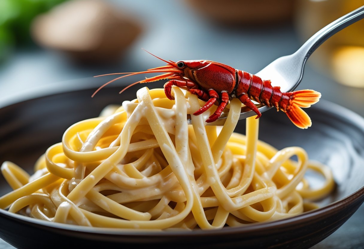 creamy crawfish fettuccine twirled on a fork with a crawfish tail on top.