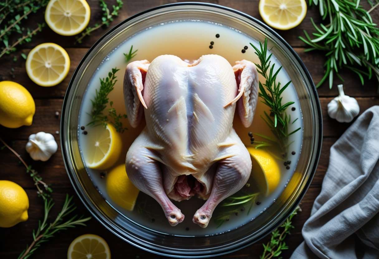 Raw chicken in brine with herbs and lemon on a rustic wooden table for a restaurant style chicken brine recipe