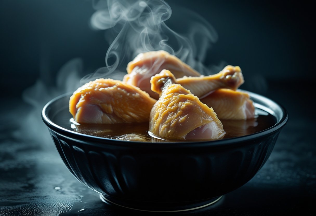 Dramatic moody shot of chicken in brine with herbs and steam