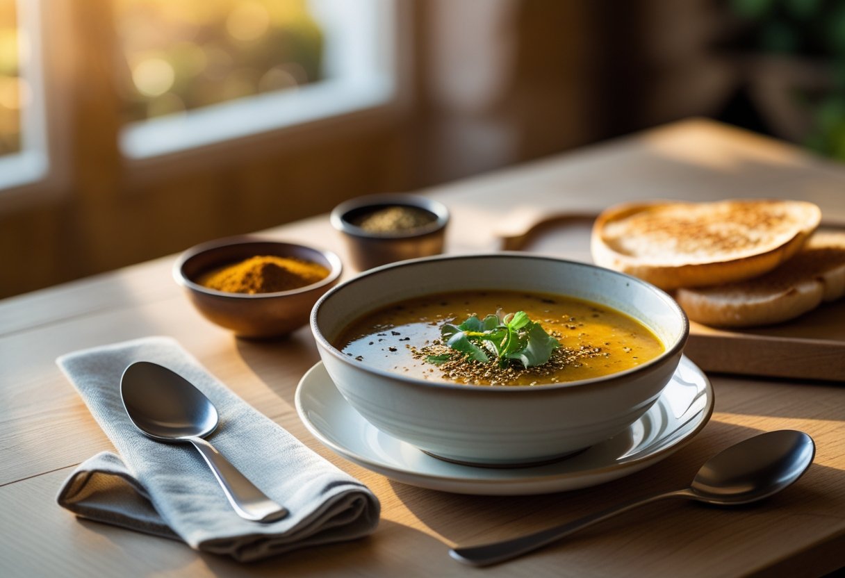 Bowl of roasted za’atar red pepper soup served with toasted bread and a spoon on a rustic table.