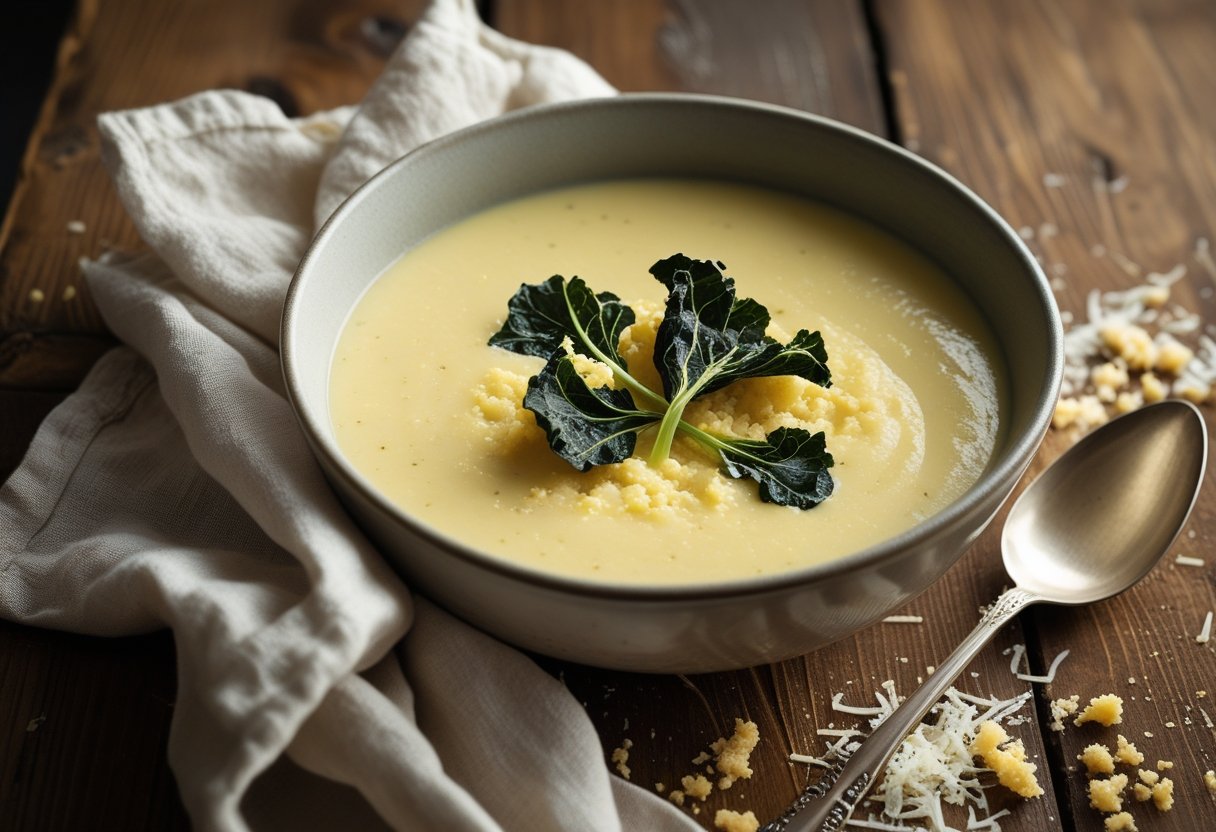 Rustic hero shot of cauliflower cheese soup with Cavolo Nero, topped with fresh greens and grated cheese.