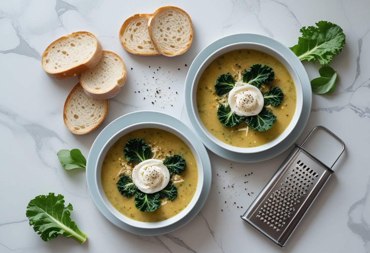 Top view of cauliflower cheese soup with Cavolo Nero served in two bowls with bread and garnish.