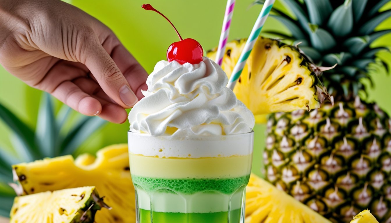 Garnishing Scooby Snack drink with whipped cream and cherry.