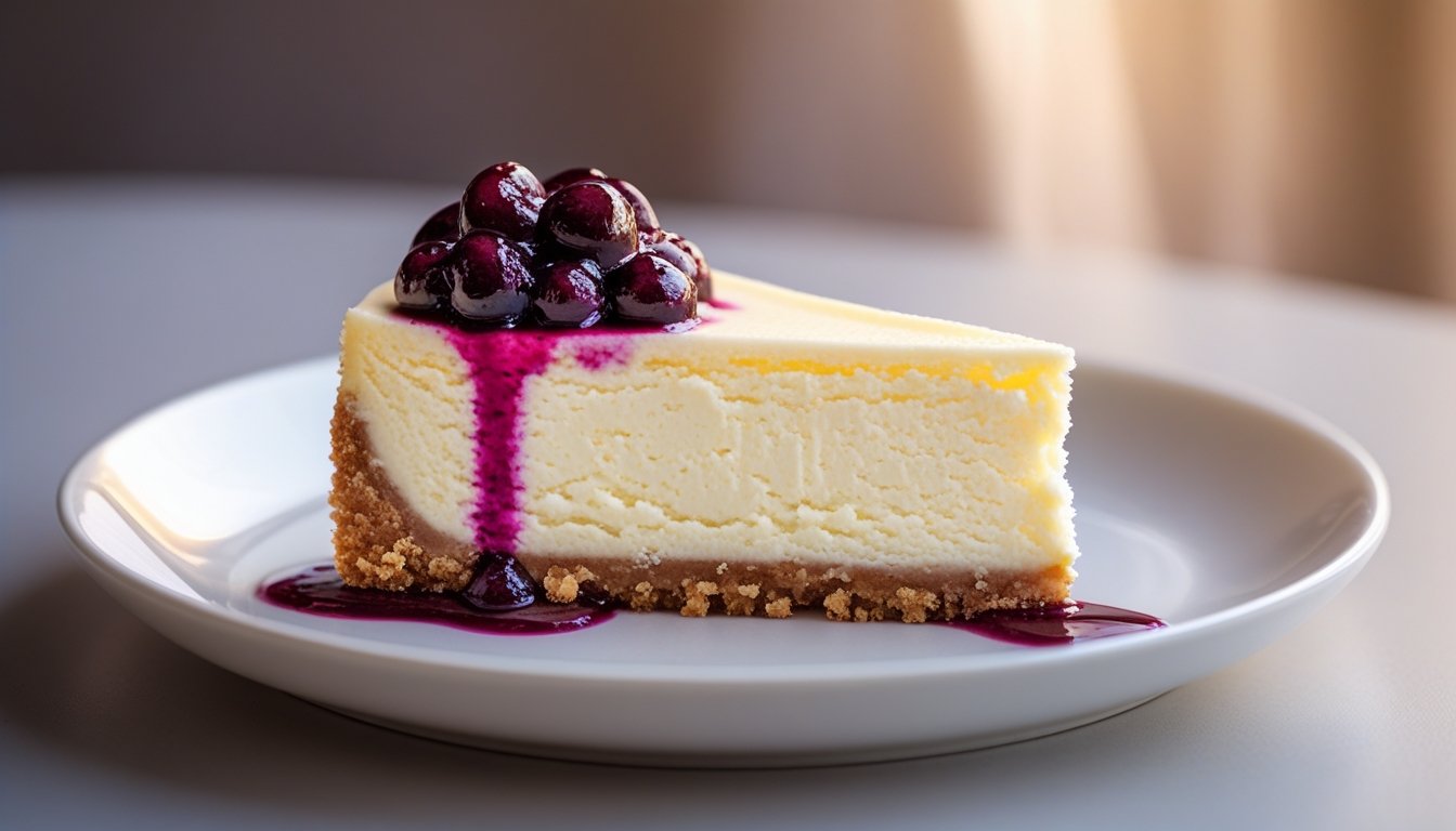 creamy PHILADELPHIA cheesecake slice topped with berry compote on a white plate.