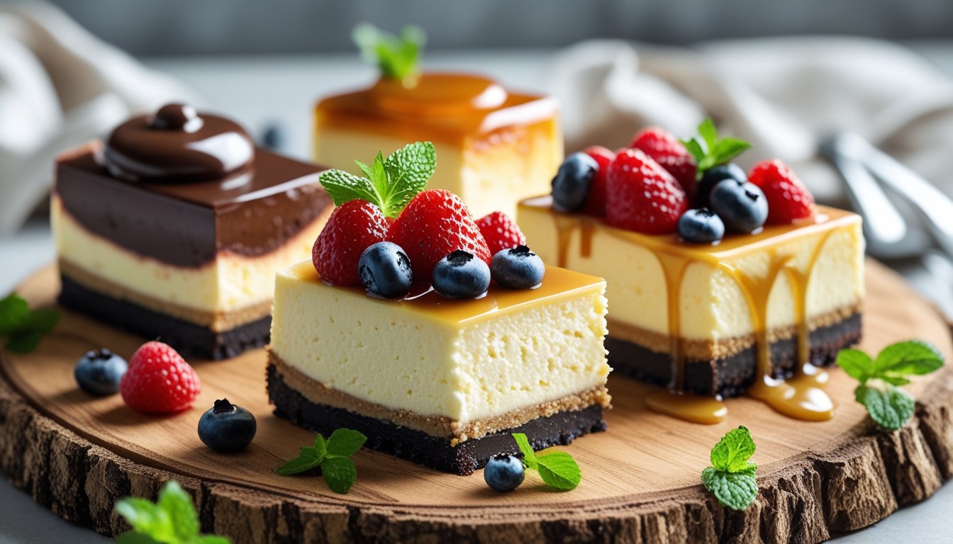 Three slices of PHILADELPHIA cheesecake topped with chocolate ganache, caramel drizzle, and mixed berries.