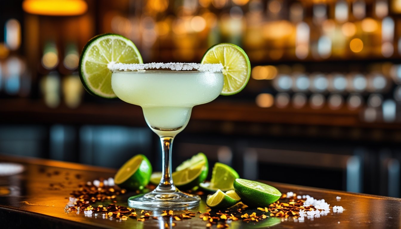 Finished spicy margarita garnished with jalapeño and lime, ready to serve.