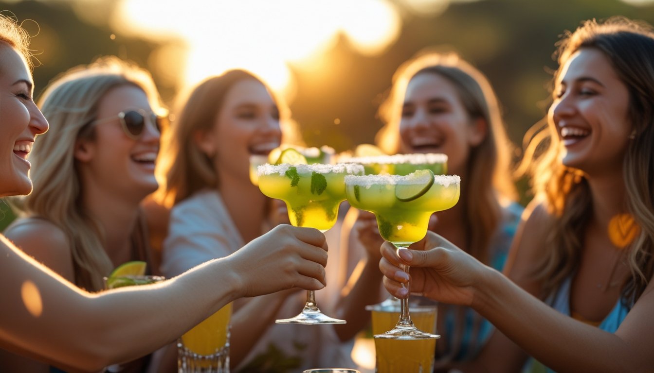 Group of friends clinking spicy margarita glasses at a summer gathering, highlighting a refreshing and social cocktail experience.