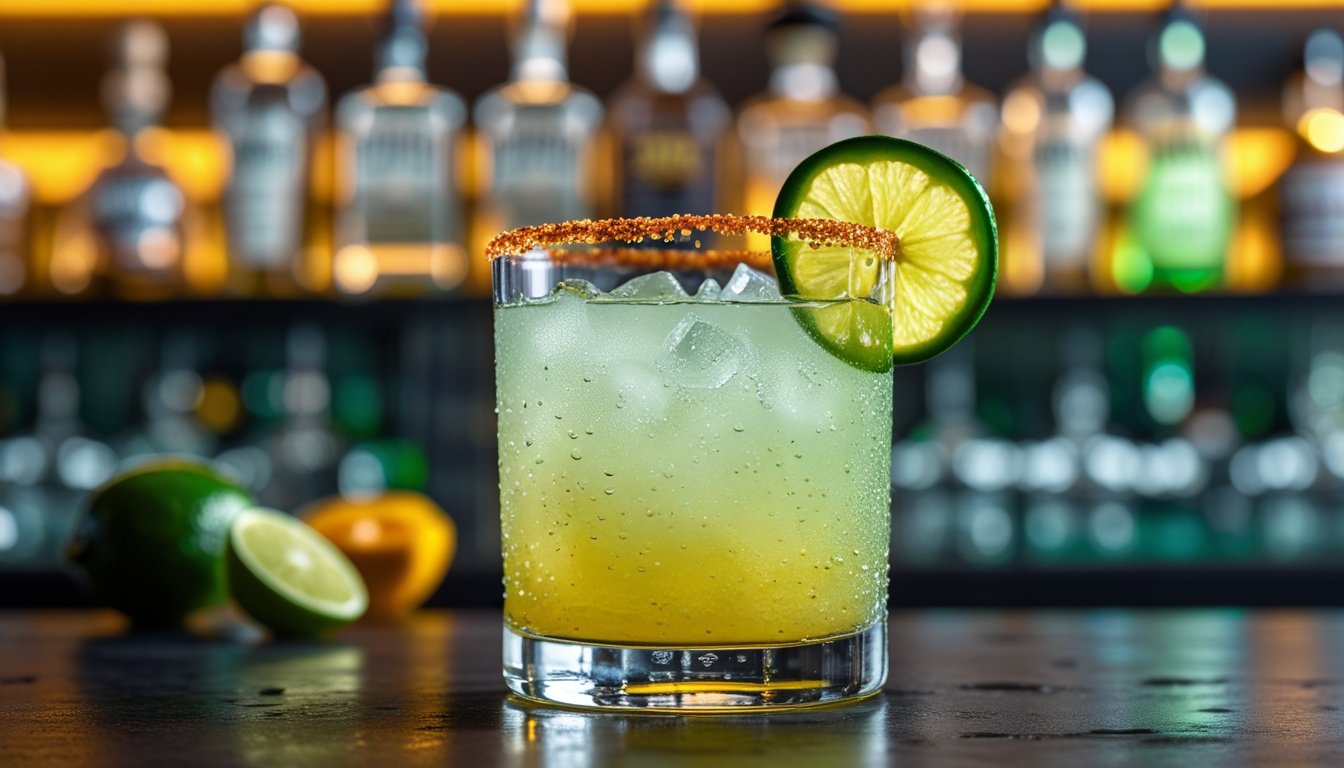 Elegant spicy margarita with chili salt rim and lime garnish on a bar counter under warm lighting.