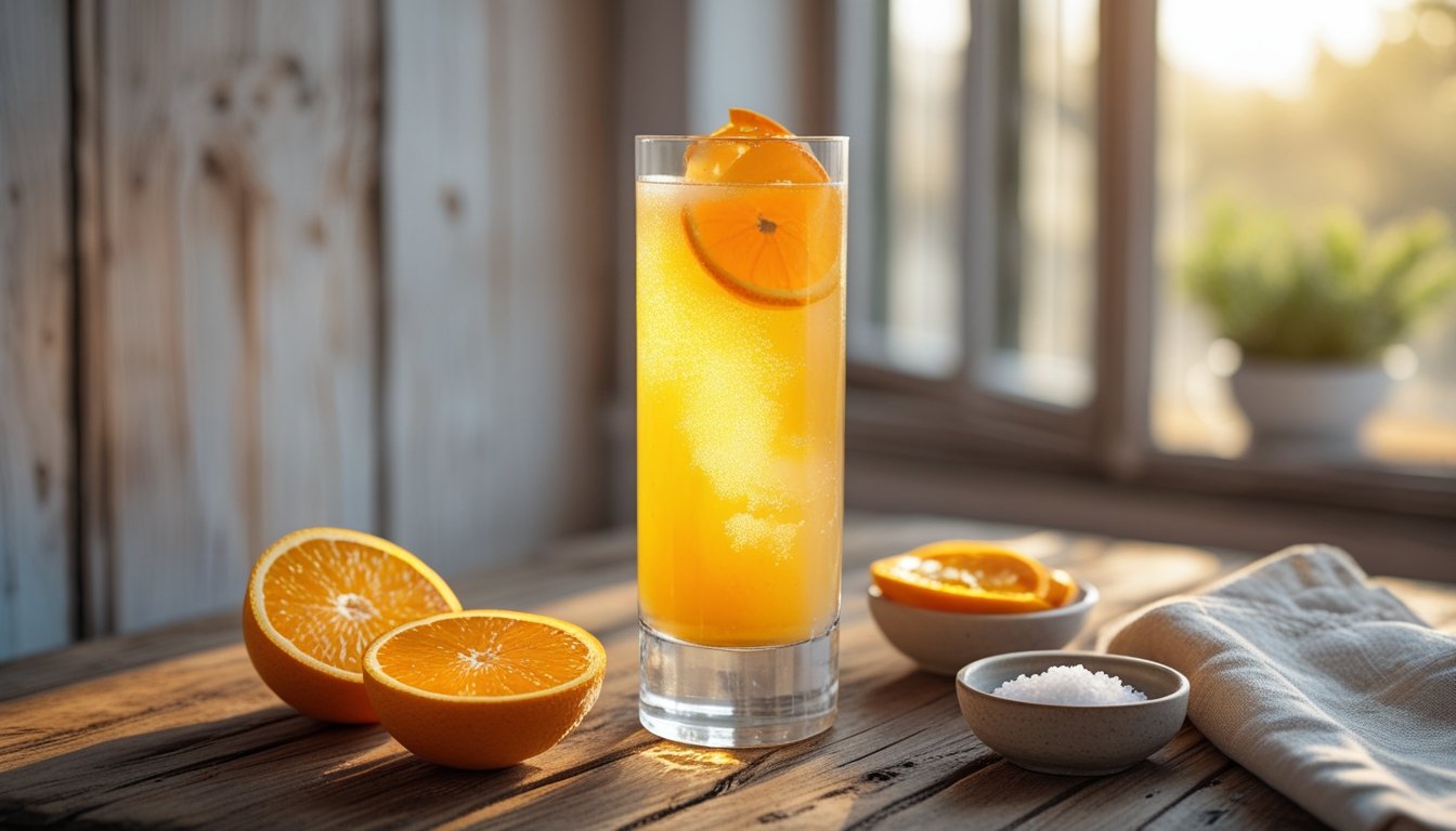 Bright morning scene with homemade cortisol cocktail and oranges, promoting natural energy and calm focus.