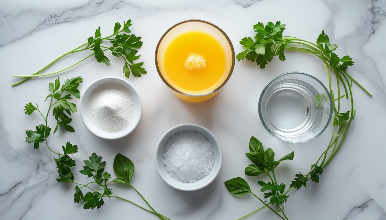 Flat lay of cortisol cocktail ingredients on white marble background showing fresh and natural wellness drink setup