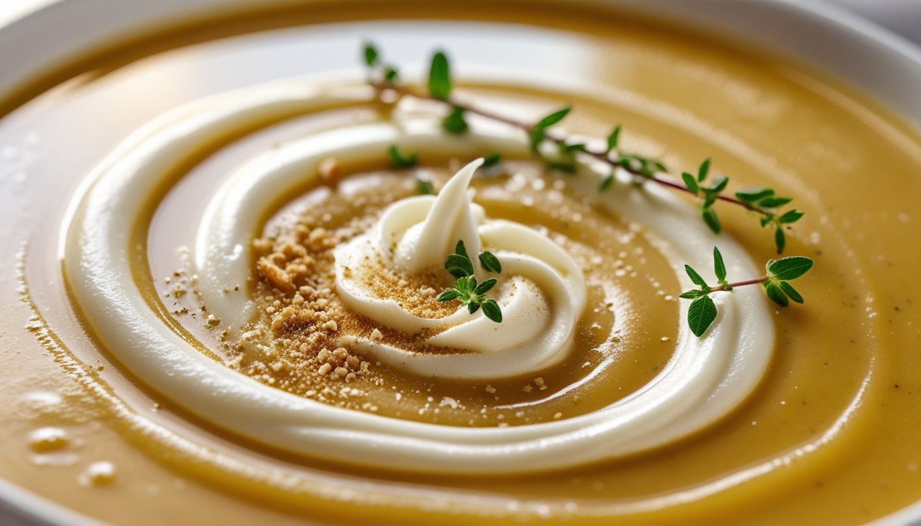 creamy celeriac and apple soup with nutmeg and thyme garnish