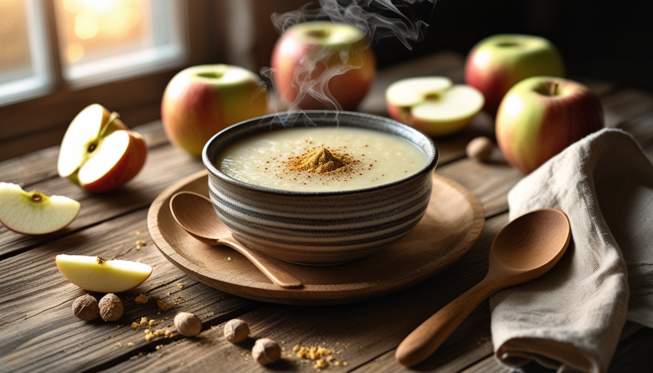 Rustic autumn table with a bowl of creamy celeriac and apple soup with nutmeg surrounded by fresh apples and spices