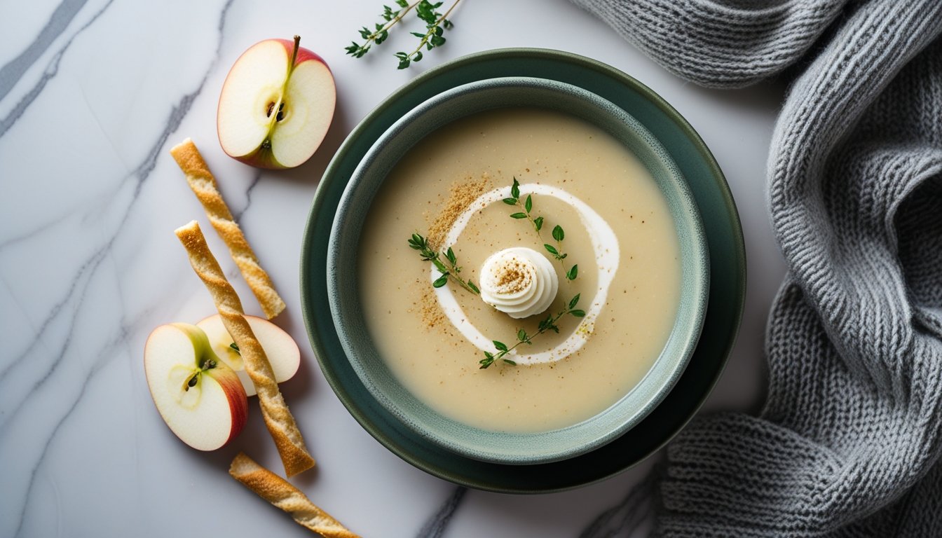 creamy celeriac and apple soup with nutmeg garnished with thyme and surrounded by fall decor