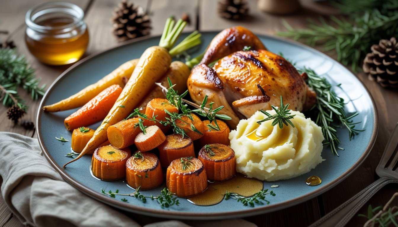 Honey roast carrots and parsnips served with roast chicken and mashed potatoes, garnished with fresh herbs