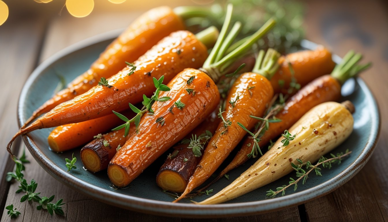 golden honey roast carrots and parsnips garnished with thyme and rosemary on a rustic plate.