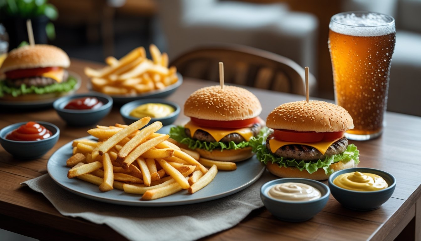 Homemade hamburgers served with fries and sauces on a dining table with natural light.