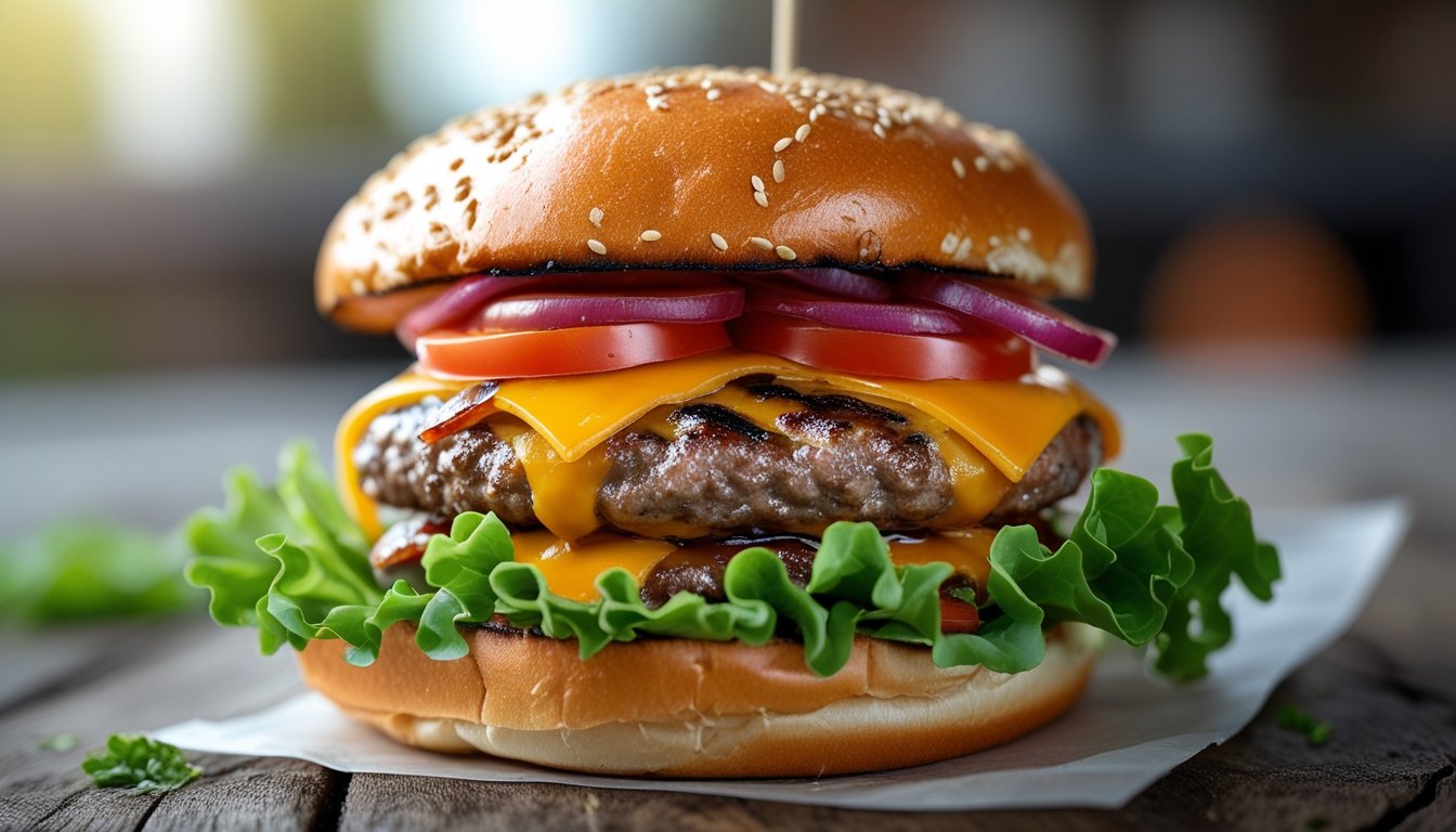 Juicy homemade hamburger with melted cheese, lettuce, tomato, and toasted sesame bun under soft light.