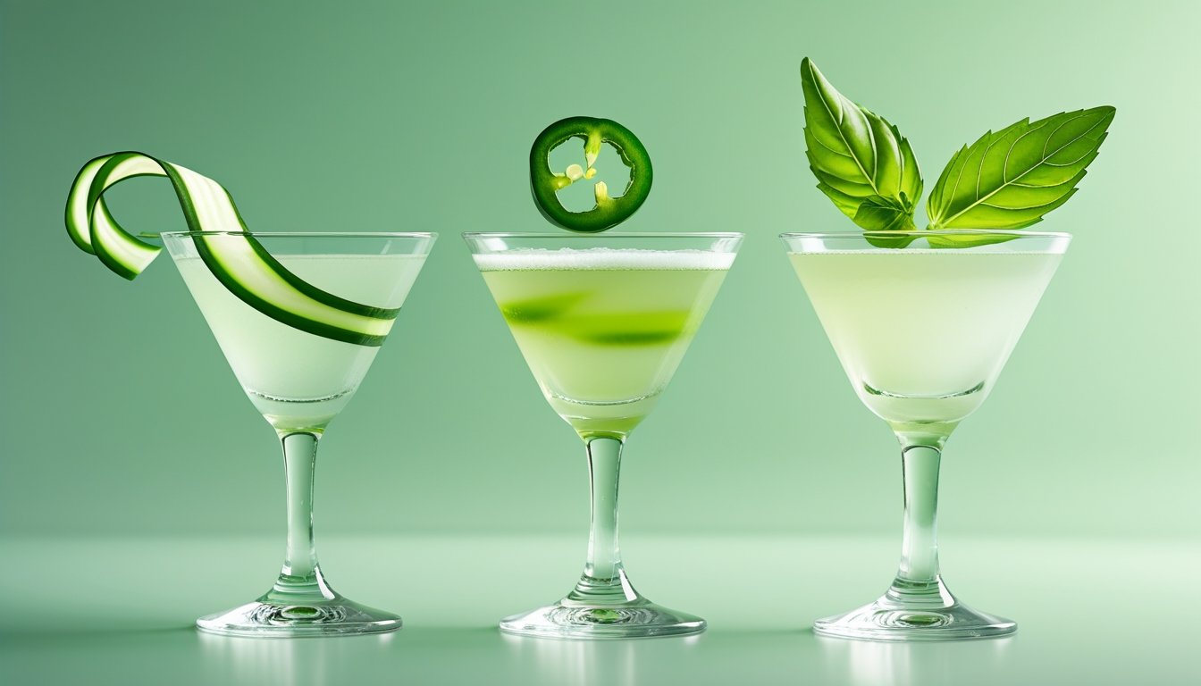 Three versions of cucumber martini — classic, spicy with jalapeño, and herbal with basil — showing creative cocktail variations.