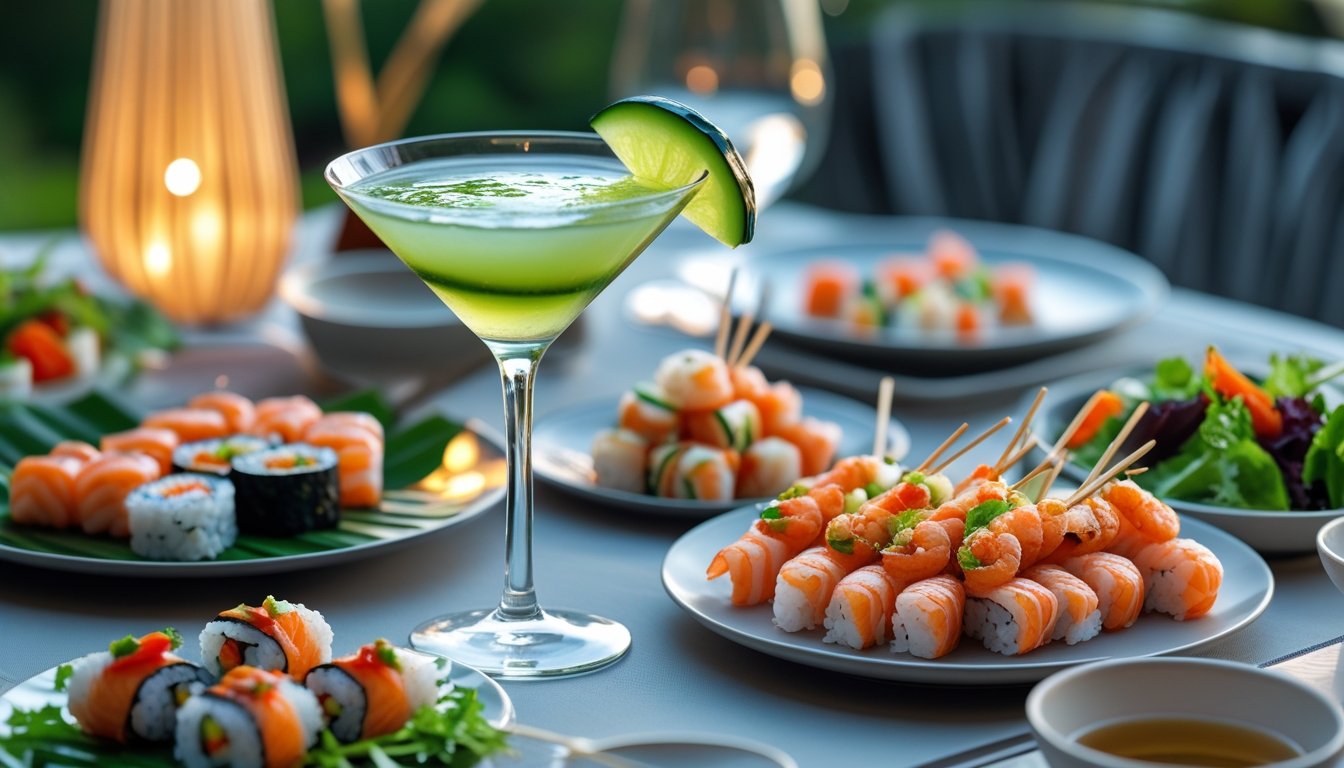 Cucumber martini served with sushi and seafood appetizers on an elegant dining table setup.