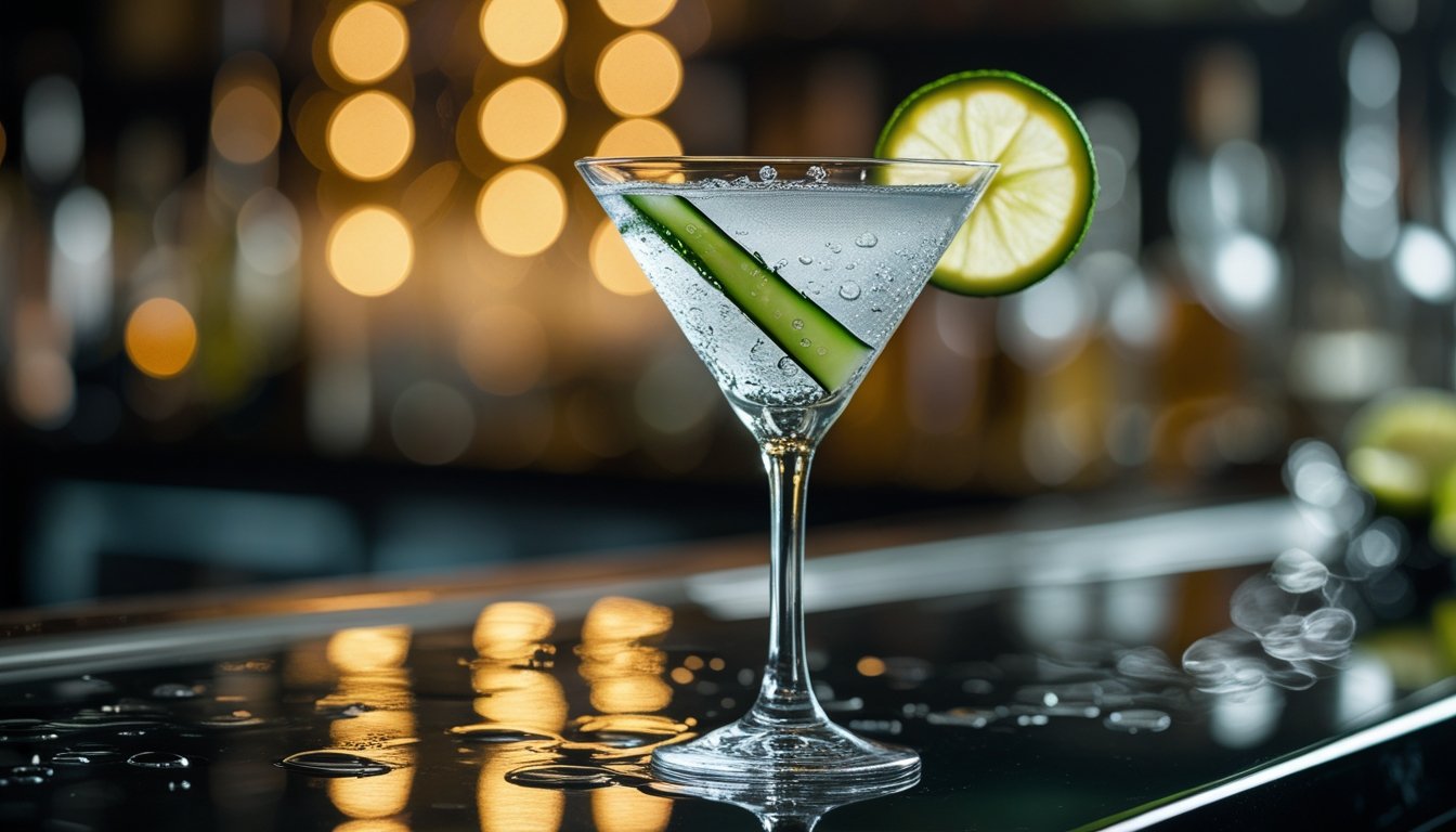 Elegant cucumber martini on a glossy bar counter with cucumber ribbon garnish and soft golden lighting for a luxurious cocktail look.
