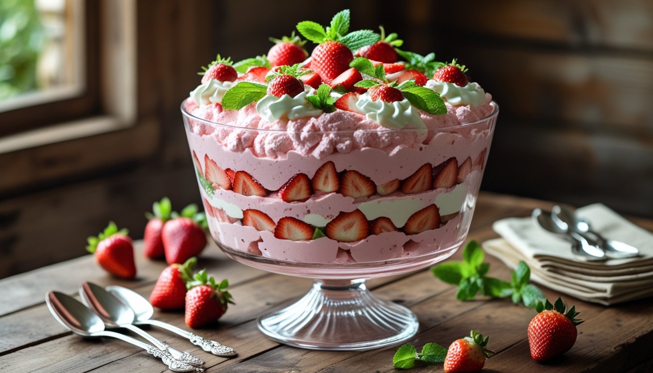 Layered Strawberry Fluff Salad in a glass trifle bowl, garnished with whipped cream and mint leaves.