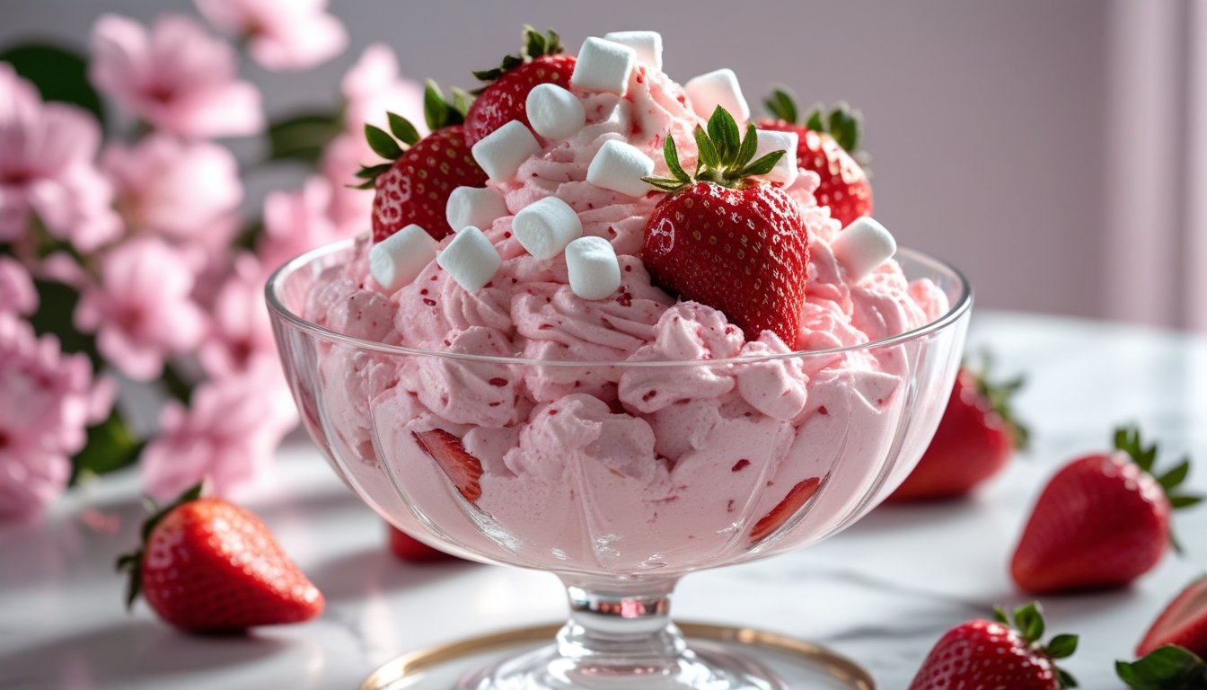 Dreamy Strawberry Fluff Salad in a glass bowl topped with whipped cream and strawberries