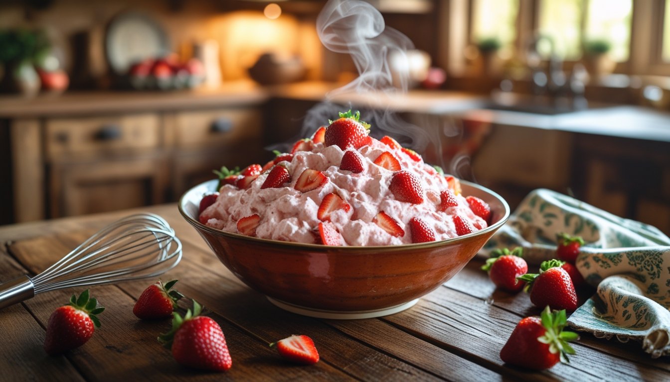 Homemade Strawberry Fluff Salad in a rustic bowl on a wooden kitchen table.