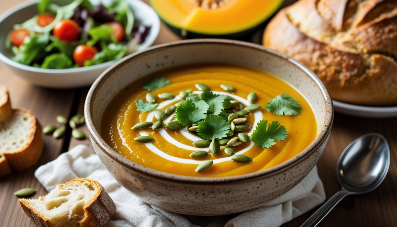Served zesty butternut squash soup with coconut, topped with coconut swirl, pumpkin seeds, and cilantro, accompanied by crusty bread and salad.
