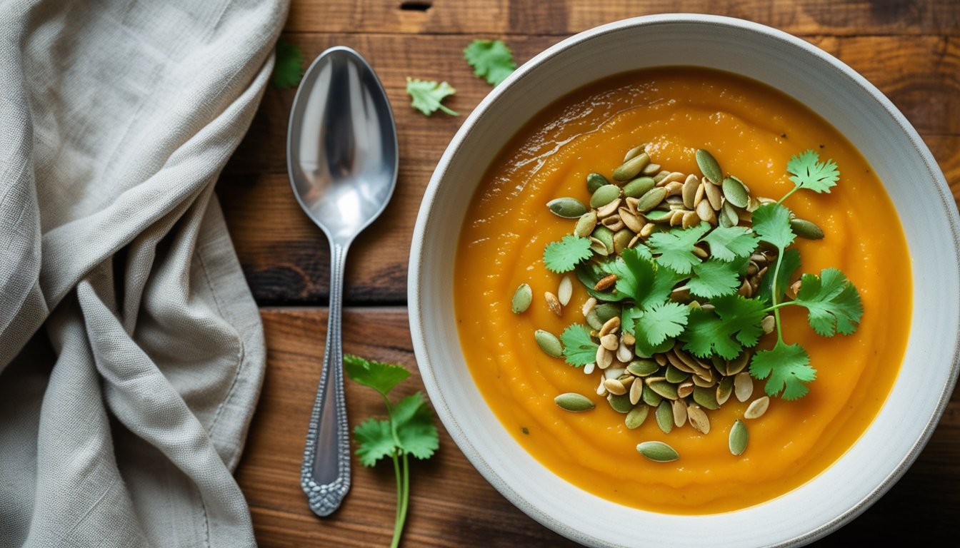 Overhead view of zesty butternut squash soup with coconut, garnished with cilantro and pumpkin seeds, on a rustic table.