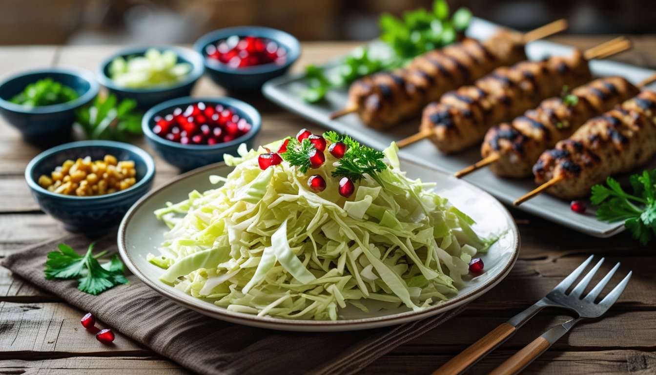 Kebab Shop Cabbage Salad served on a plate alongside grilled kebabs, garnished with parsley and pomegranate seeds, styled on a rustic wooden table