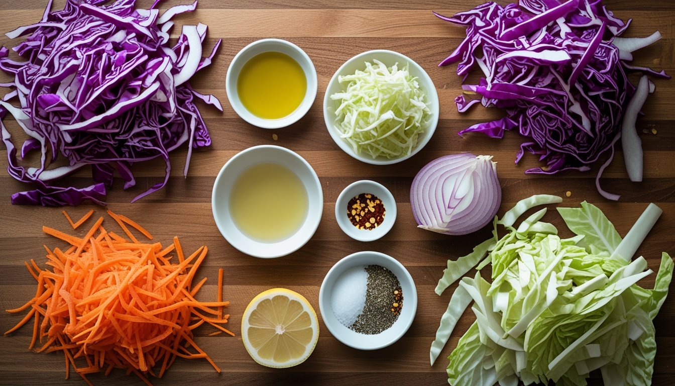 Flat lay of ingredients for Kebab Shop Cabbage Salad including cabbage, carrot, onion, olive oil, lemon juice, and spices on a wooden countertop