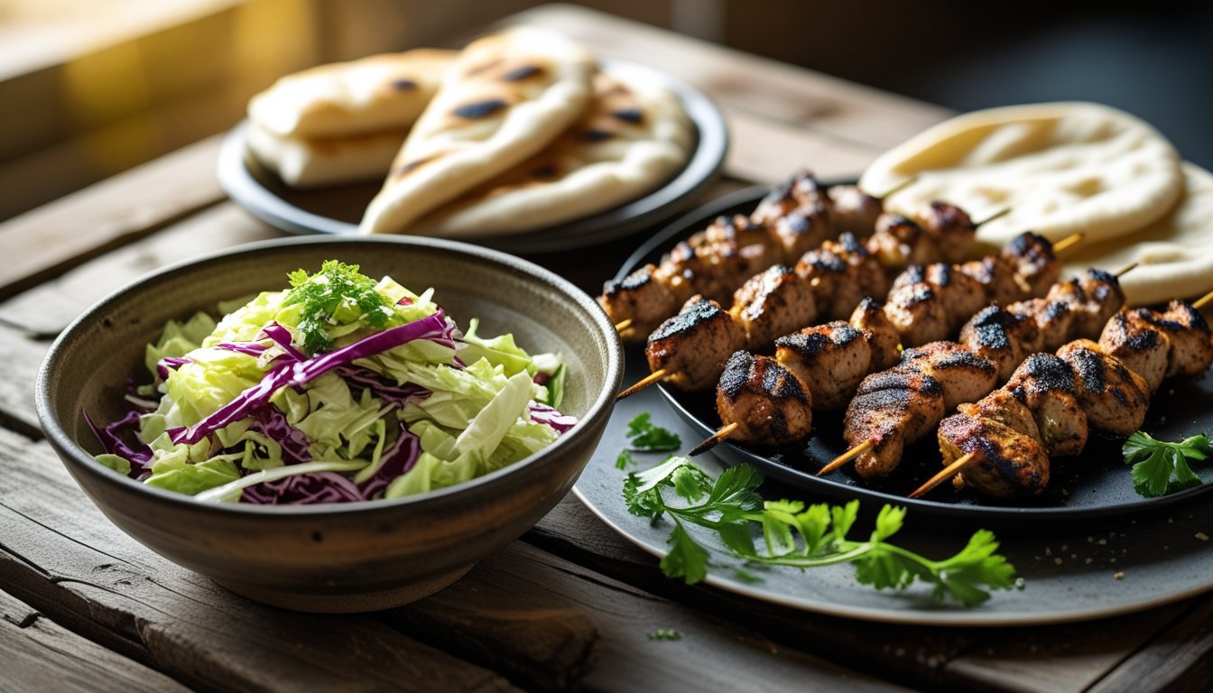 Kebab Shop Cabbage Salad served with chicken kebabs and flatbread on a rustic wooden table