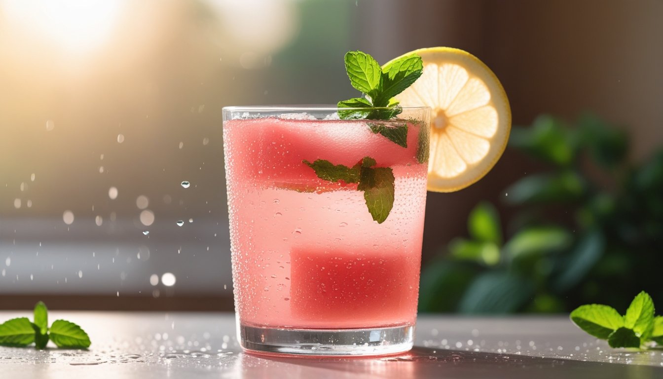Cold watermelon mint lemonade served with lemon slice and mint sprig – refreshing summer beverage.
