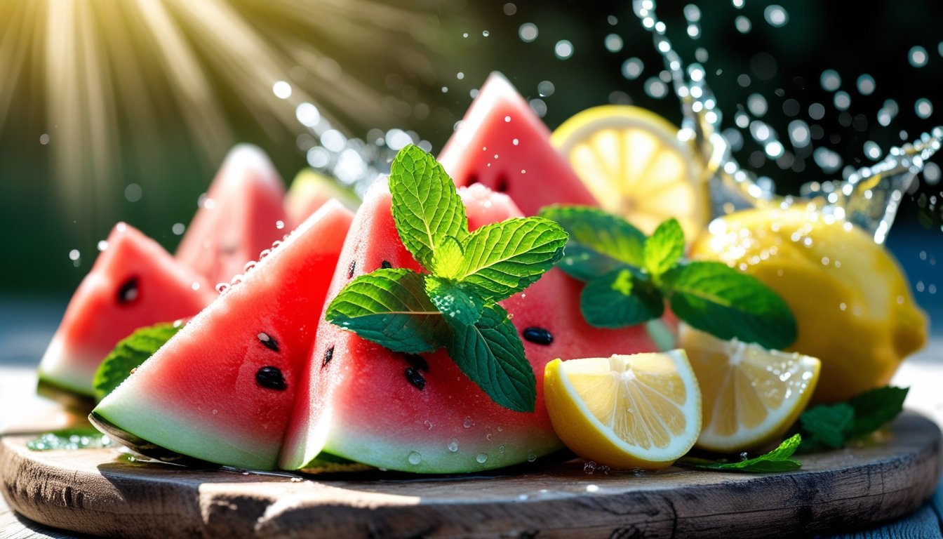 Fresh watermelon, mint, and lemons – healthy and hydrating ingredients for homemade lemonade.