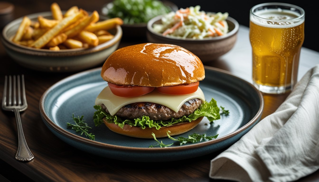 Homemade Wagyu beef burger served with truffle fries, coleslaw, and a cold drink on wooden table.
