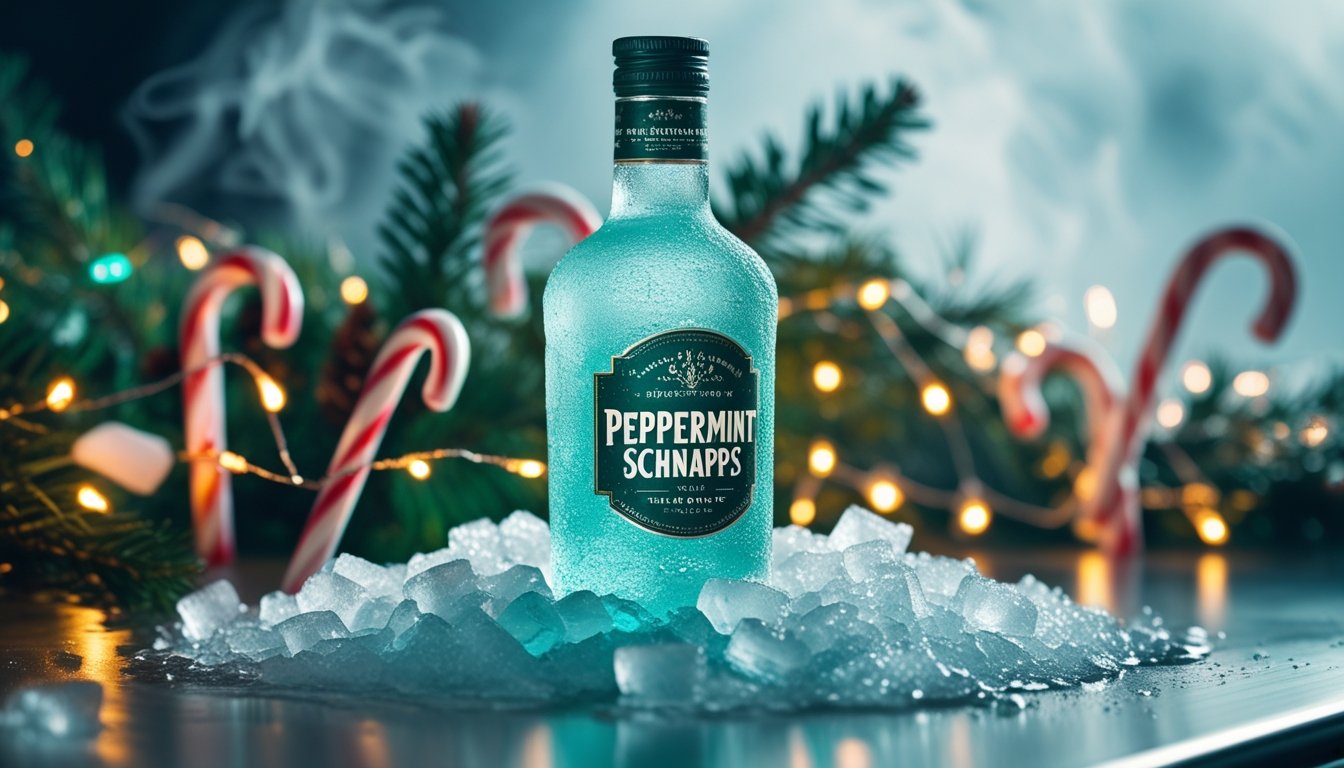 Chilled homemade peppermint schnapps bottle on festive bar counter with ice and candy canes.