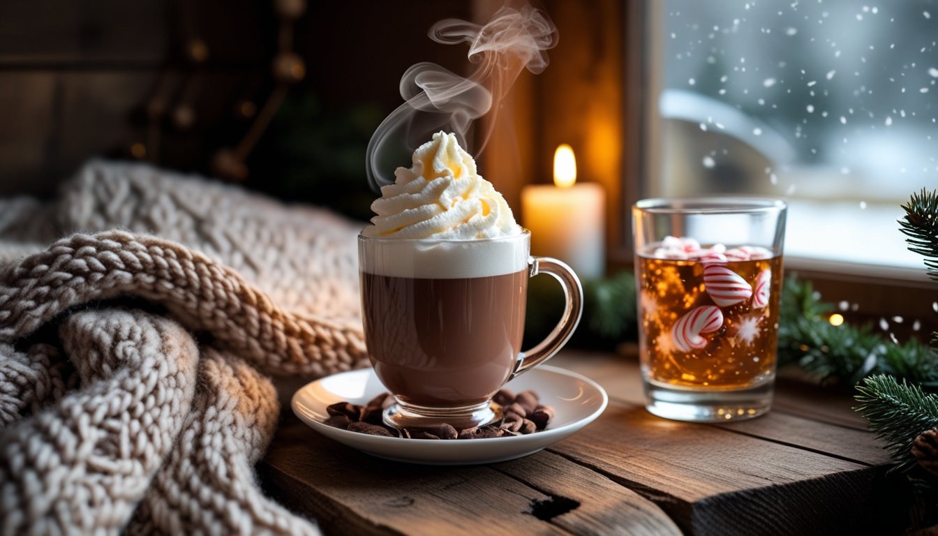 Cozy winter setup with hot cocoa and homemade peppermint schnapps beside candles and snow.