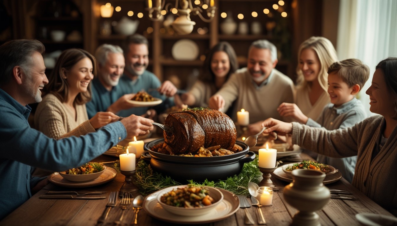 Family-style dinner with homemade pot roast and vegetables served in a cozy setting.